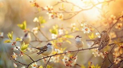 Scenery with birds perched on flowering trees, chirping