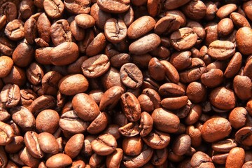 Un tas de grains de café à la lumière du soleil, avec effet de lumière chaude
