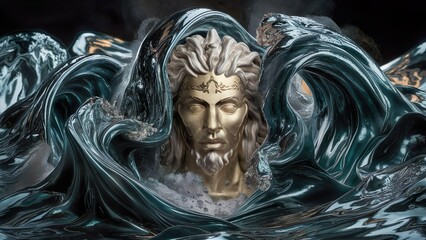 A golden, regal face emerges from swirling, dark metallic waves, evoking the image of a mythological figure rising from the depths.