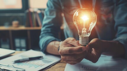 Dimly Lit Creative Office: Man Holding a Glowing Light Bulb and Reviewing Important Documents