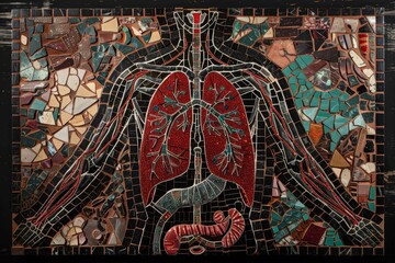 A mosaic artwork showing a detailed representation of the human body intertwined with lungs, Mosaic-style representation of the body incorporating intricate red lung details