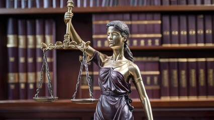 Obraz premium Law offices of lawyers legal statue Greek blind goddess Themis bronze metal statuette figurine with scales of justice.