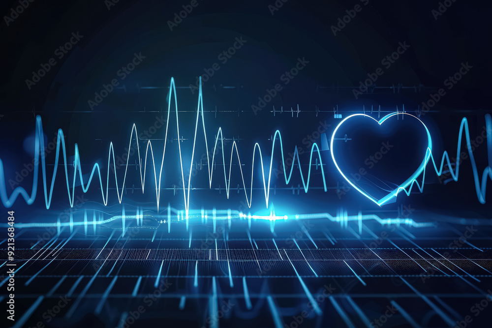 Poster a heart is displayed on a blue background with a series of lines and dots surrounding it. the heart 