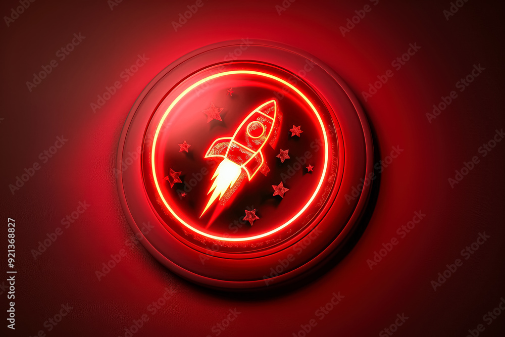 Poster a red circle with a rocket on it. the image has a futuristic and adventurous mood
