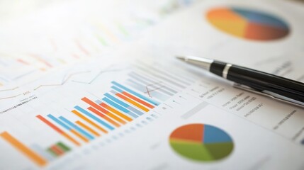 Close-up of financial graphs and charts with a pen on paper