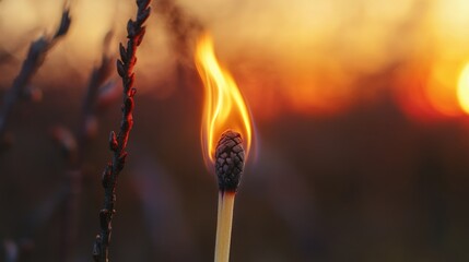 Close-up of a burning matchstick in an outdoor setting at sunset