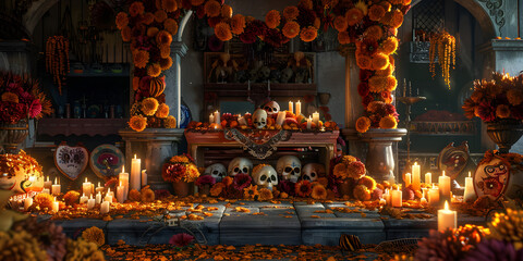 Fototapeta premium Mexican altar with sugar skull, candles and food