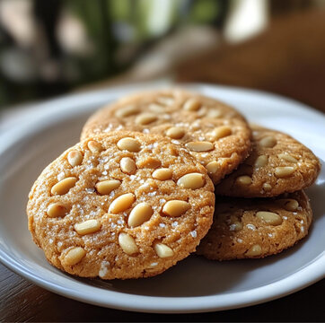 a pignoli cookie sweet  pine nuts with distnic, Cookie cookies with nuts on a plate, blurred background