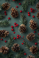 seamless pattern of sprouce conces oines needles in deep green background, christmas concept