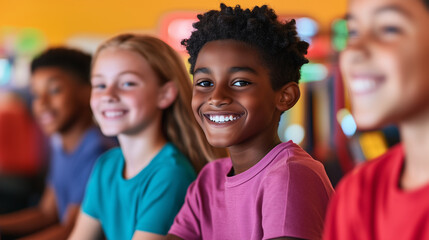 Diverse group of middle school kids enjoying an arcade, captured in a high-resolution photo with bright, vivid colors, they are immersed in various games, smiling and having fun, t
