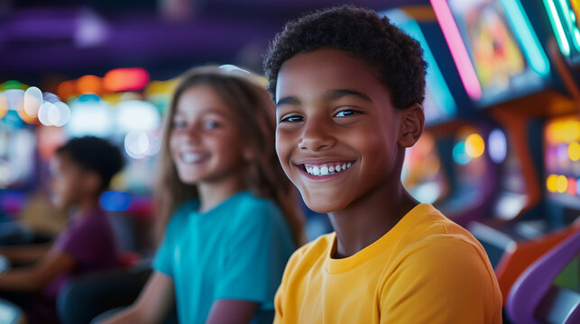 Diverse group of middle school kids enjoying an arcade, captured in a high-resolution photo with bright, vivid colors, they are immersed in various games, smiling and having fun, t