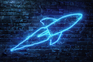 A neon sign of a rocket flying through the sky. The sign is on a brick wall