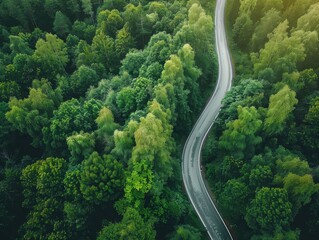 Curved dirt road winding through dense green forest during the early morning hours