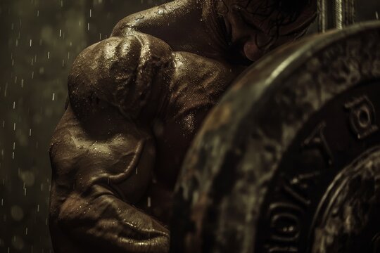 A man with his arm wrapped around a barbell, muscles tensed as he lifts the weight with determination, Muscles tensed as a person lifts a weight with determination
