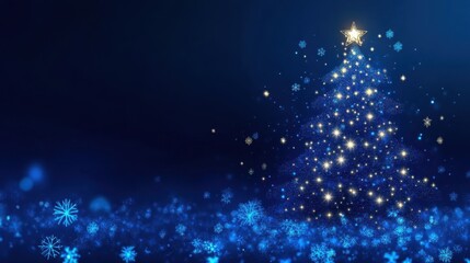 Obraz premium Christmas background with starry night, snowflakes and lights in dark blue and gold color, Christmas or New Year card with fir tree, space for text, New Year card layout