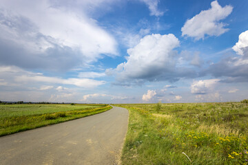 Obraz premium A road with a grassy field in the background