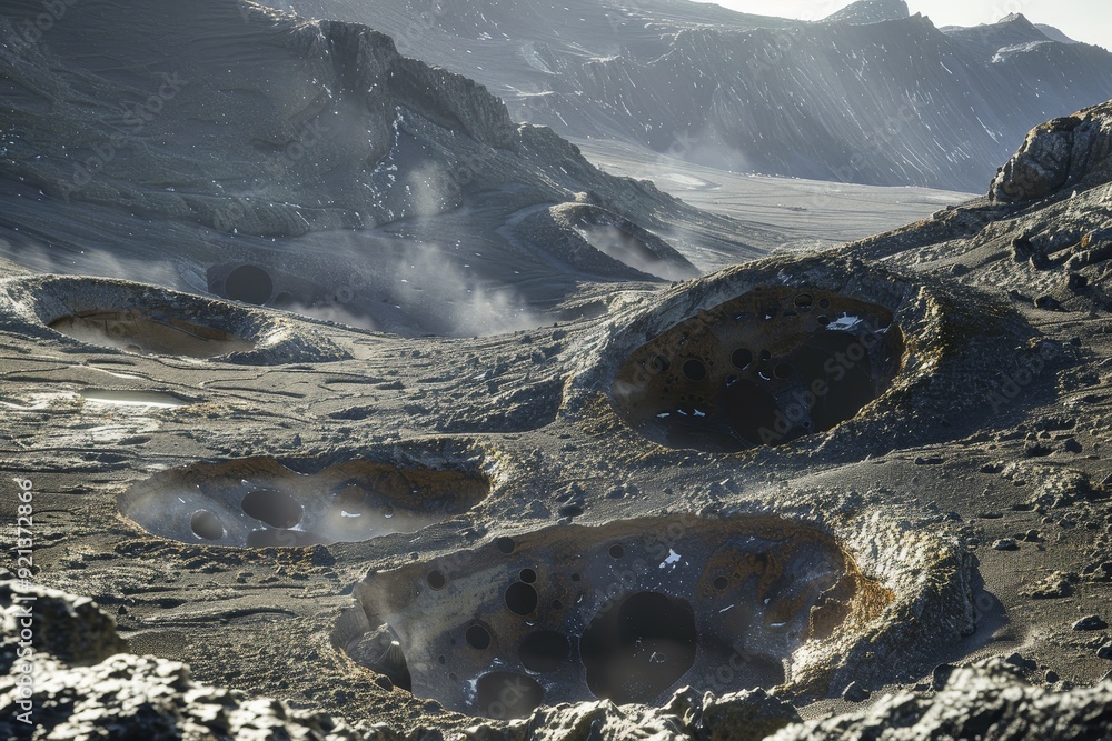 Poster various mountains with water flowing out from their peaks in a rugged landscape, mysterious craters 