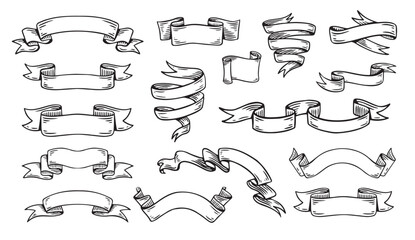 Hand drawn ribbons vintage set. Doodle style black color sketch. Isolated elements. © Yanka