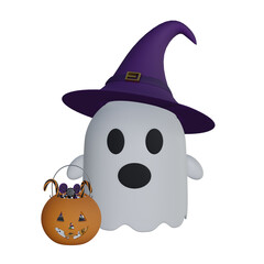 Halloween cartoon ghost wearing purple hat with pumpkin bag full of candy 3d rendered illustration
