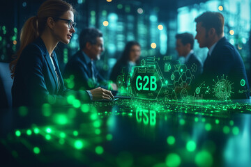 "G2B" text on a background of a government-led initiative supporting green businesses, with officials and entrepreneurs discussing sustainability and growth