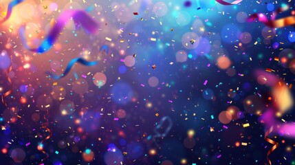 Confetti and streamers fall through a colorful burst of lights during a lively nighttime celebration