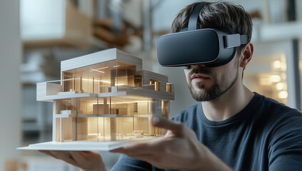 Man using virtual reality headset to visualize a modern house model. Architectural design and VR technology concept for real estate and interior design