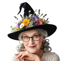 A cute granny  wearing witch hat adorn with colorful flower isolated on white background 
