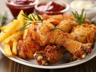 Fototapeta premium Crispy fried chicken drumsticks served on a white plate