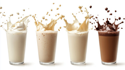A collection of milkshake splashes, isolated on a white background. Each splash captures the dynamic movement of the milkshake as it is being poured or stirred, showcasing the creamy, rich texture