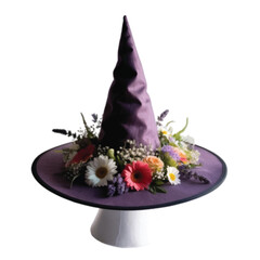 A beautiful purple color witch hat adorn with colorful flower isolated on white vector illustration 