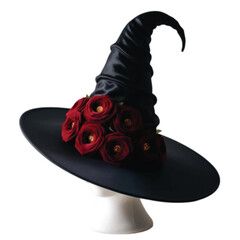 A beautiful black color witch hat adorn with red rose flower isolated on white vector illustration 