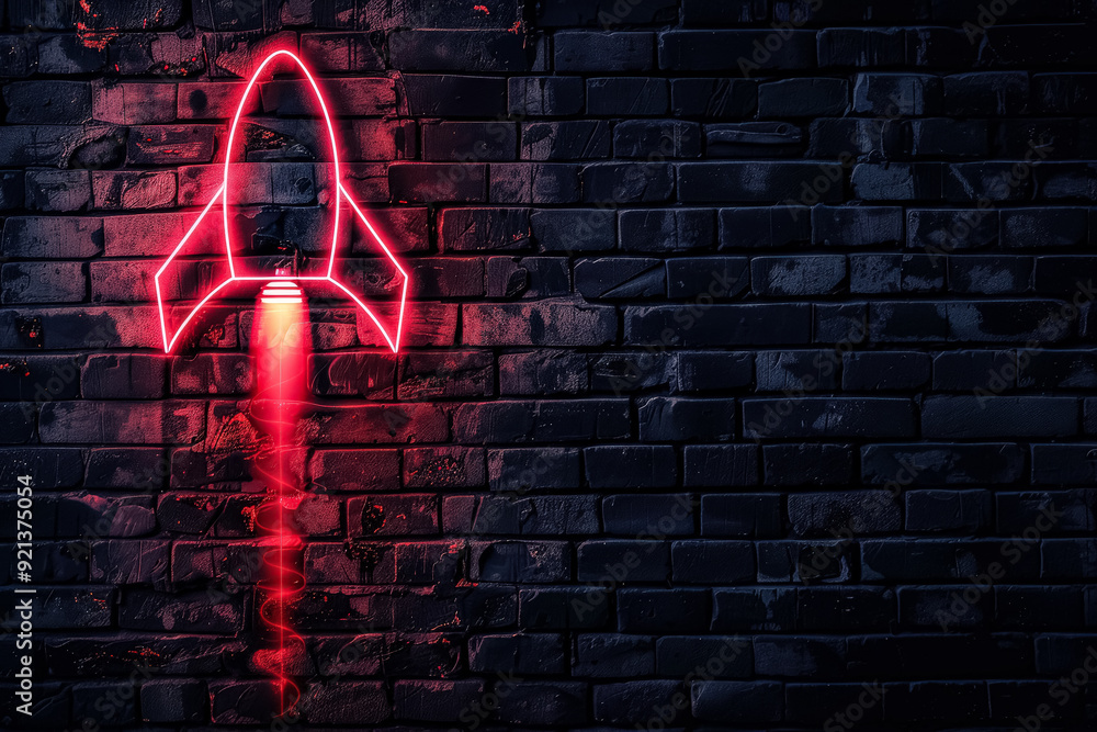 Wall mural a neon sign of a rocket is lit up against a brick wall. the sign is red and glowing, giving off a fu