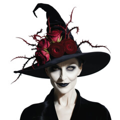 A beautiful witch wearing witch hat adorn with natural  red rose flower isolated on white background 