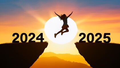 Merry Christmas and Happy new year 2025. A young girl jump between 2024 and 2025 years over the sun and through on the gap of hill silhouette, evening yellow sky. High quality image