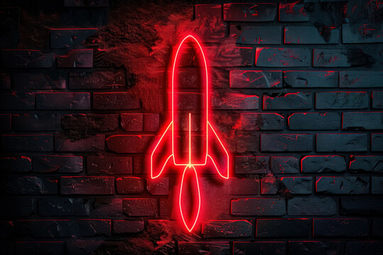 A neon sign of a rocket is lit up against a brick wall. The sign is red and glowing, giving off a futuristic and adventurous vibe. The brick wall adds a sense of depth and texture to the scene