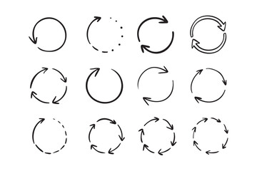 Round circle doodle arrows. Hand drawn arrow icons set. Recycle sketch signs. Repeat line symbols.
