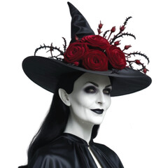 A beautiful witch wearing witch hat adorn with red rose flower isolated on white background 