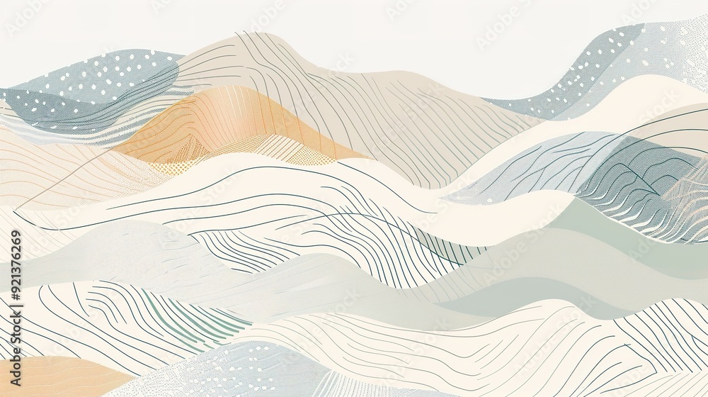 Poster abstract wavy landscape design in pastel colors with intricate line patterns