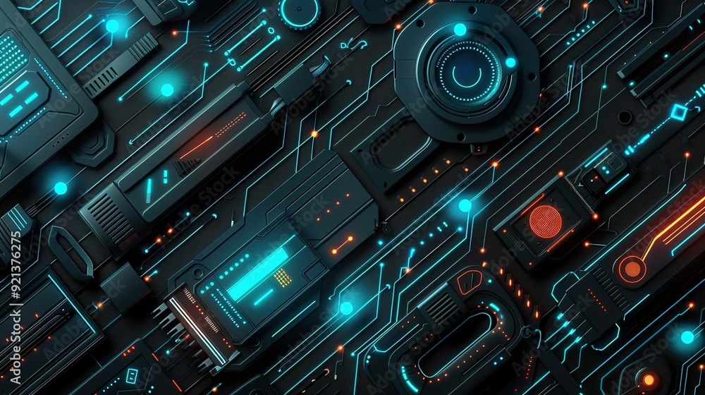 Poster close-up of intricate circuitry with glowing blue and orange elements on a dark background