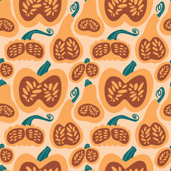 Seamless pumpkin pattern. Background of autumn pumpkins. Autumn texture for Thanksgiving, harvest and Halloween.