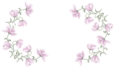 A luxurious wreath of delicate pink flowers, watercolor illustration on a white background.