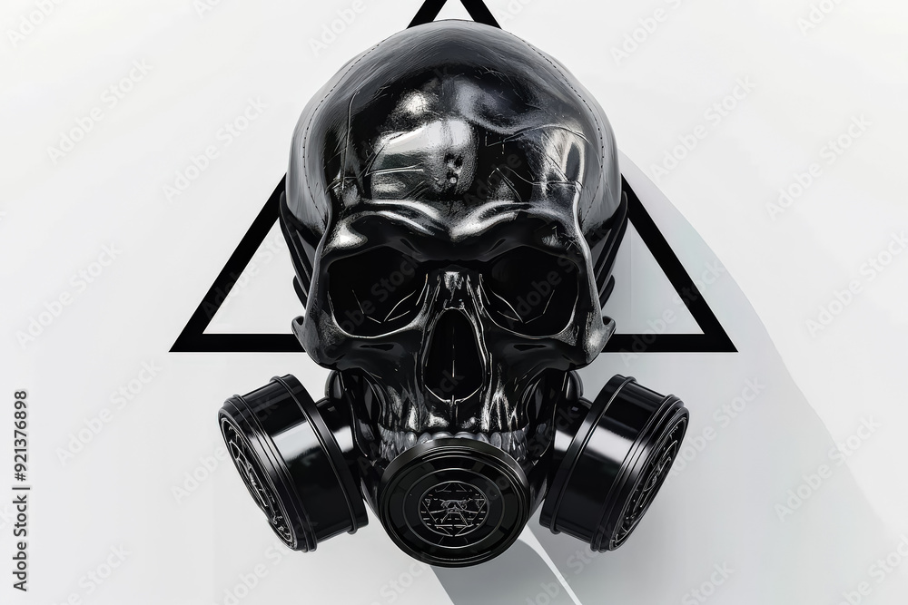 Poster a skull with a gas mask on it is surrounded by a triangle. the skull and triangle together create a 