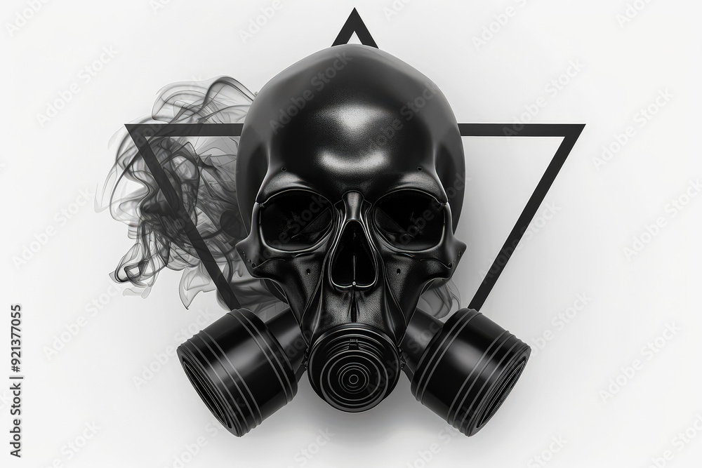 Poster a skull with a gas mask on it is surrounded by a triangle. the skull and triangle together create a 