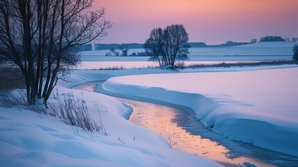 Winter sunset over a snow-covered river meandering through a serene landscape