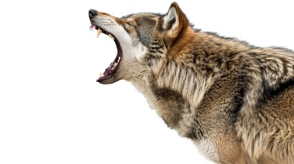 Obraz premium A wild wolf howls passionately against a white background capturing its fierce energy and natural beauty