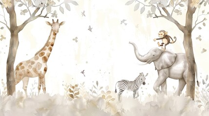 Obraz premium A playful monkey rides an elephant near a giraffe and zebra in a whimsical forest setting