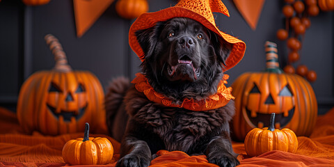 Halloween cute Newfoundland puppy dog, carved jack-o'-lanterns, pumpkin, banner copy space horizontal