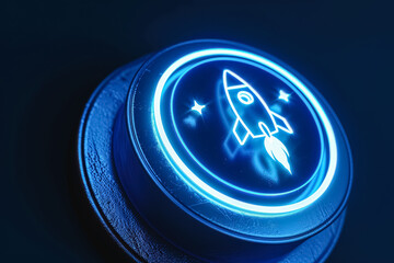 A blue button with a rocket on it. The rocket is lit up and he is flying