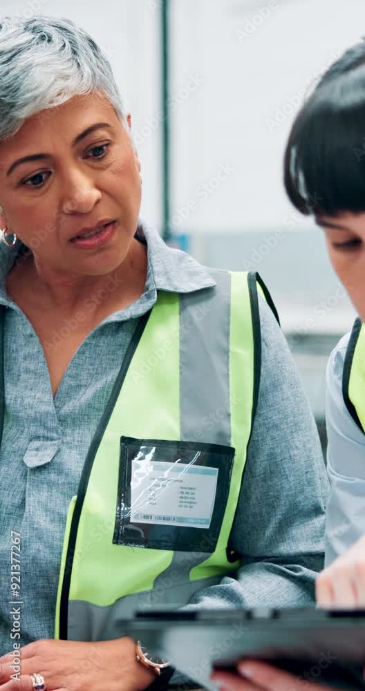 Poster Talking, tablet and planning of women, warehouse and programming of mechanical engineer with app. Discussion, mentor and teamwork in factory, mature person and instructions of information and online