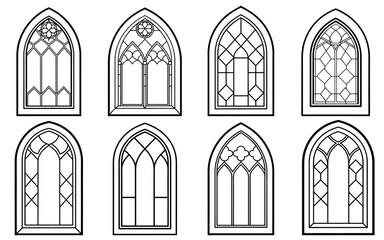 Gothic windows outline set. Silhouette of vintage stained glass church frames. Element of traditional european architecture. Vector